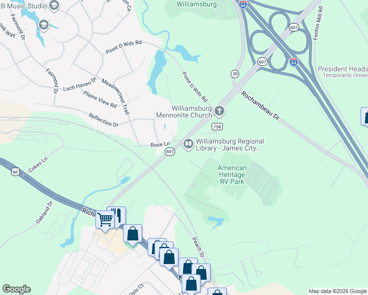 map of restaurants, bars, coffee shops, grocery stores, and more near 4268 Rose Lane in Williamsburg