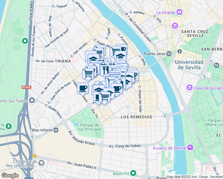 map of restaurants, bars, coffee shops, grocery stores, and more near 55 Calle Esperanza de Triana in Seville