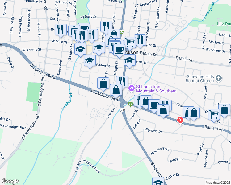 map of restaurants, bars, coffee shops, grocery stores, and more near 525 South Hope Street in Jackson