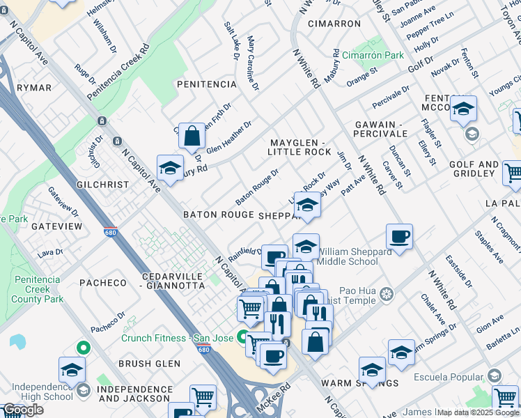 map of restaurants, bars, coffee shops, grocery stores, and more near 645 Rough and Ready Road in San Jose