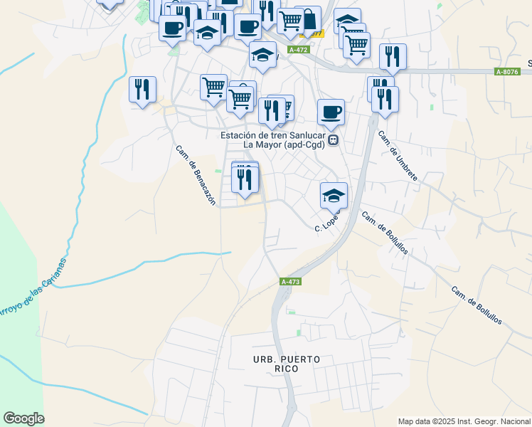 map of restaurants, bars, coffee shops, grocery stores, and more near 11 Calle Bélgica in Sanlúcar la Mayor