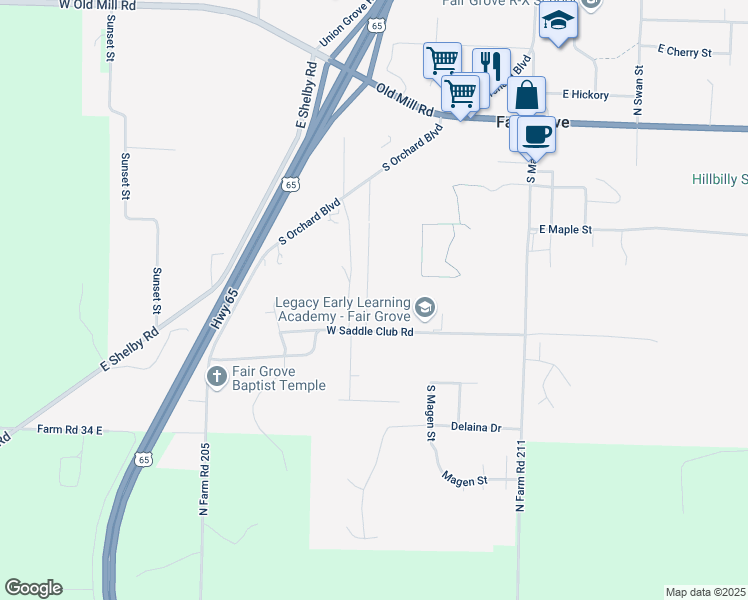 map of restaurants, bars, coffee shops, grocery stores, and more near 233 W Saddle Club Rd in Fair Grove