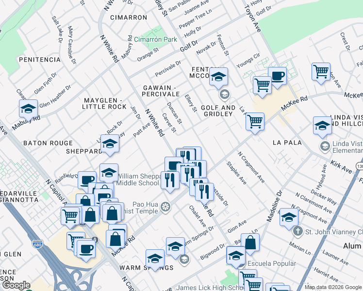 map of restaurants, bars, coffee shops, grocery stores, and more near 14100 Lucian Avenue in San Jose