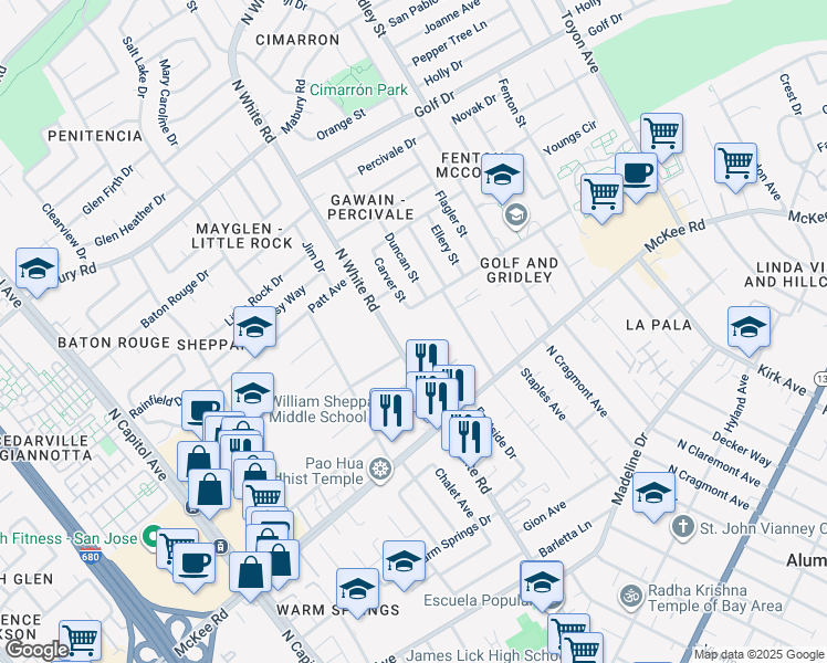 map of restaurants, bars, coffee shops, grocery stores, and more near 11941 Carver Street in San Jose