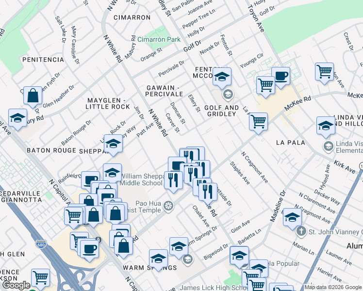 map of restaurants, bars, coffee shops, grocery stores, and more near 11941 Carver Street in San Jose