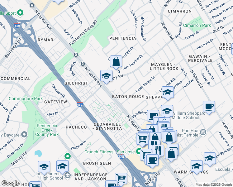 map of restaurants, bars, coffee shops, grocery stores, and more near 2712 Valley Heights Drive in San Jose