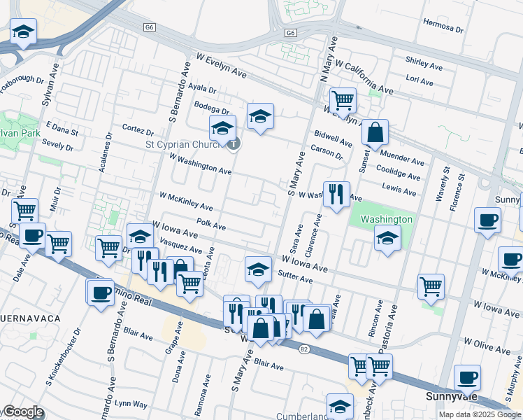 map of restaurants, bars, coffee shops, grocery stores, and more near 1036 Lassen Terrace in Sunnyvale