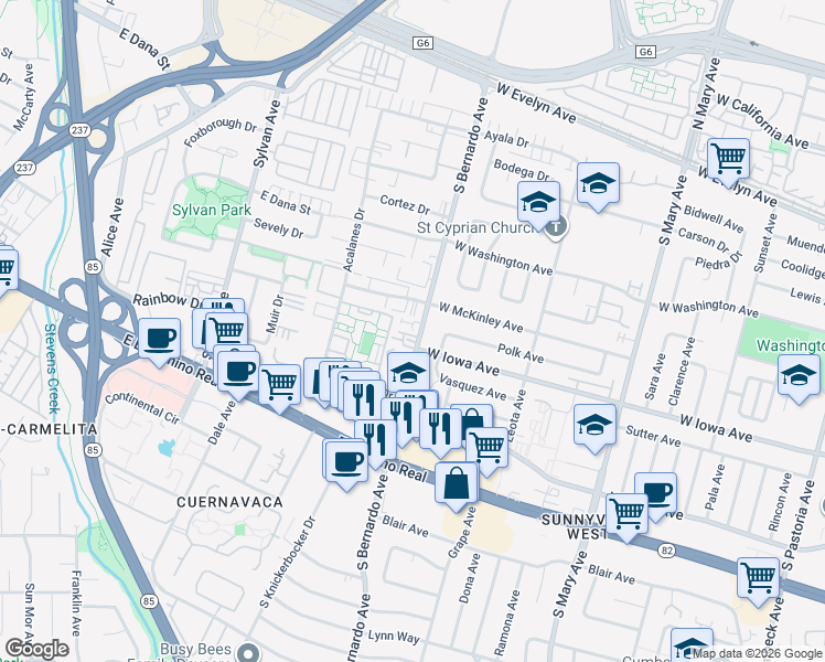 map of restaurants, bars, coffee shops, grocery stores, and more near 1202 West McKinley Avenue in Sunnyvale