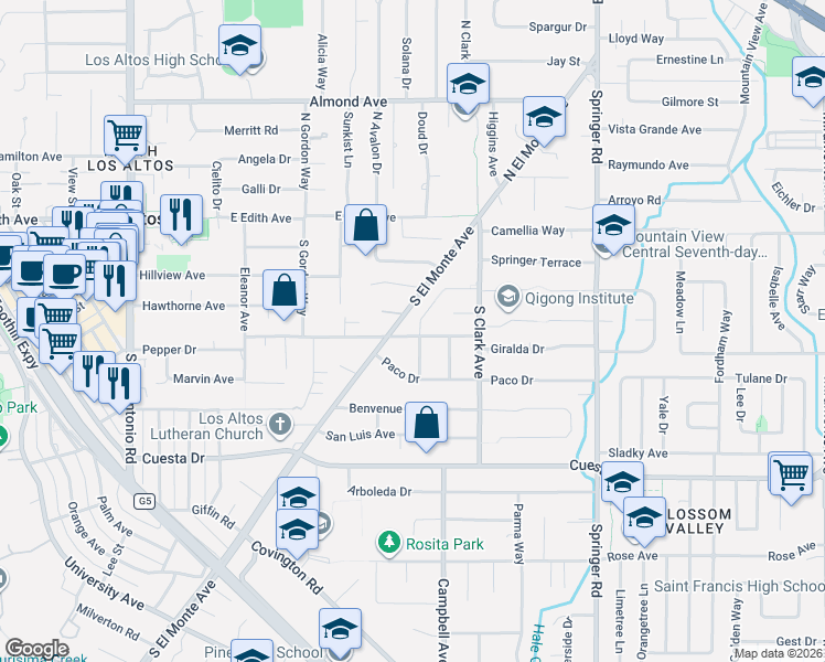 map of restaurants, bars, coffee shops, grocery stores, and more near 230 Silvia Court in Los Altos