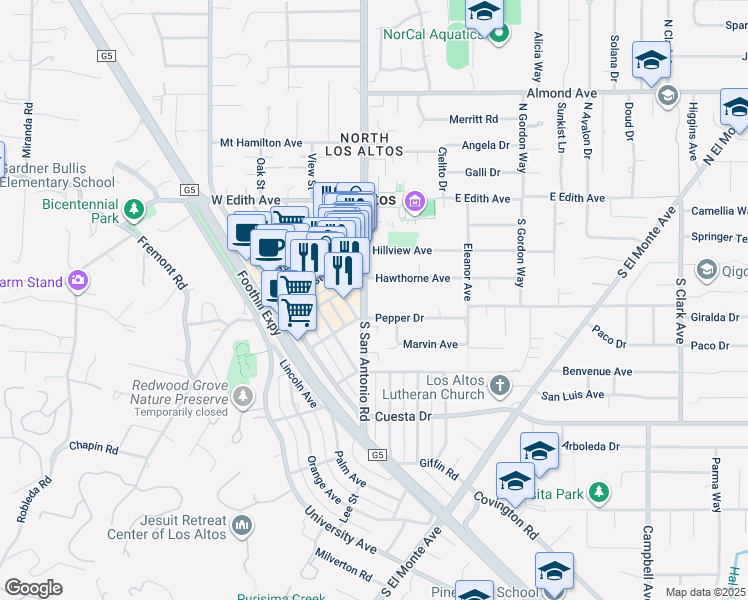 map of restaurants, bars, coffee shops, grocery stores, and more near 241 South San Antonio Road in Los Altos