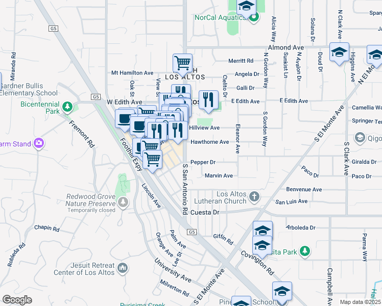 map of restaurants, bars, coffee shops, grocery stores, and more near 241 South San Antonio Road in Los Altos