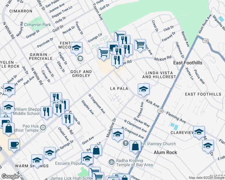 map of restaurants, bars, coffee shops, grocery stores, and more near 256 La Pala Drive in San Jose