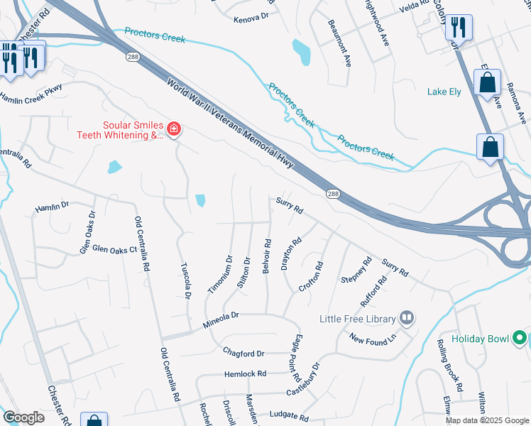 map of restaurants, bars, coffee shops, grocery stores, and more near 10812 Belvoir Road in Chester