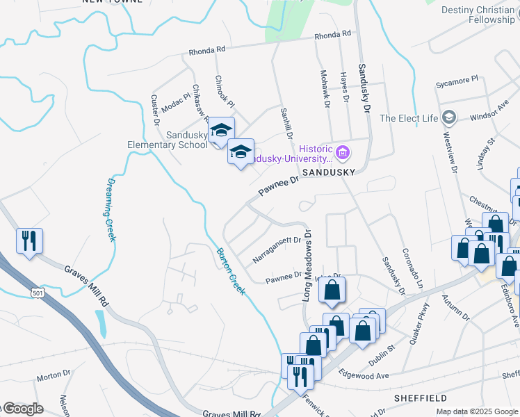 map of restaurants, bars, coffee shops, grocery stores, and more near 6125-6129 Pawnee Drive in Lynchburg
