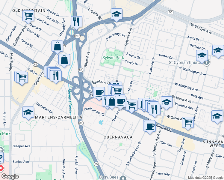 map of restaurants, bars, coffee shops, grocery stores, and more near 818 Sylvan Avenue in Mountain View