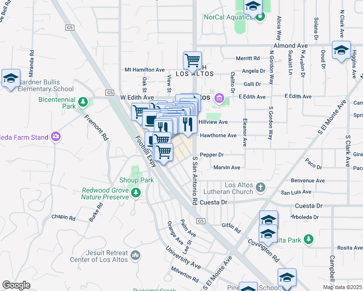 map of restaurants, bars, coffee shops, grocery stores, and more near 253 3rd Street in Los Altos