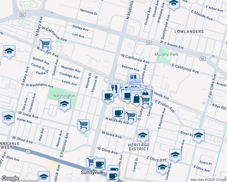 map of restaurants, bars, coffee shops, grocery stores, and more near 135 South Mathilda Avenue in Sunnyvale