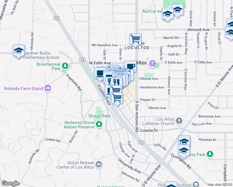 map of restaurants, bars, coffee shops, grocery stores, and more near 266 Main Street in Los Altos