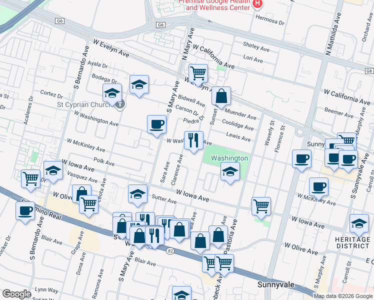 map of restaurants, bars, coffee shops, grocery stores, and more near 201 Clarence Avenue in Sunnyvale