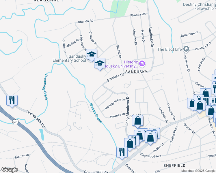 map of restaurants, bars, coffee shops, grocery stores, and more near 6125-6129 Pawnee Drive in Lynchburg
