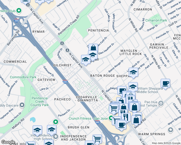 map of restaurants, bars, coffee shops, grocery stores, and more near 714 North Capitol Avenue in San Jose
