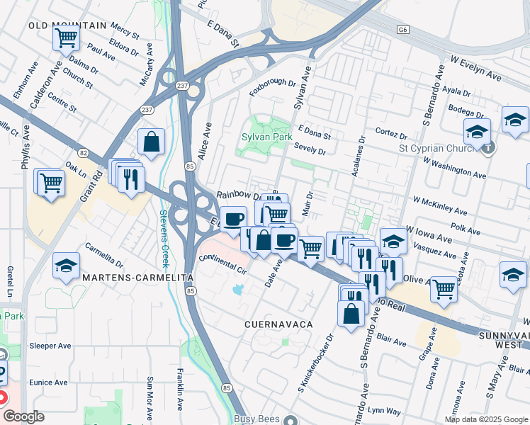 map of restaurants, bars, coffee shops, grocery stores, and more near 818 Sylvan Avenue in Mountain View