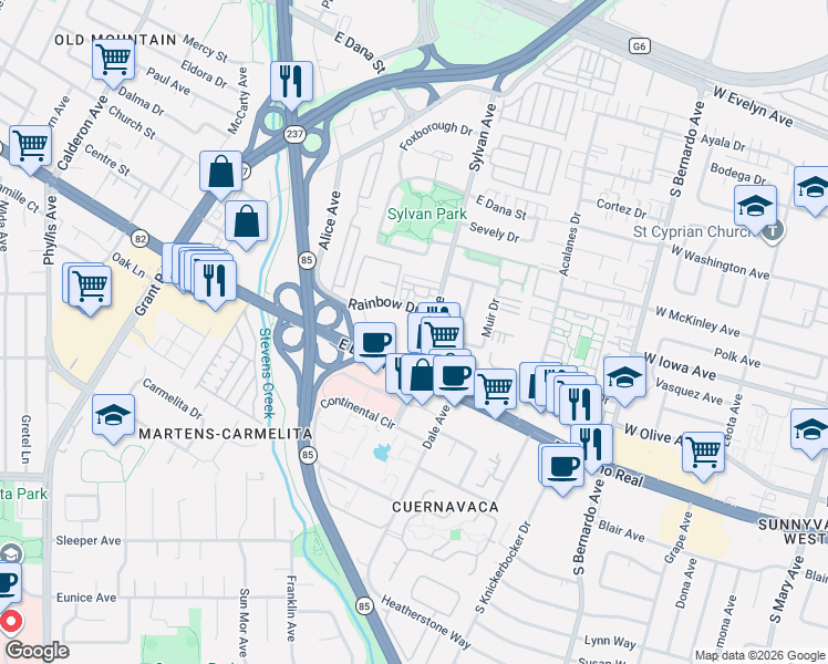 map of restaurants, bars, coffee shops, grocery stores, and more near 760 Luce Court in Mountain View