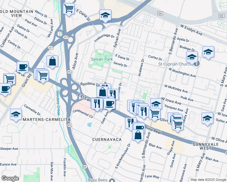 map of restaurants, bars, coffee shops, grocery stores, and more near 720 Muir Drive in Mountain View