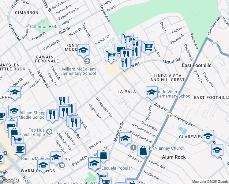 map of restaurants, bars, coffee shops, grocery stores, and more near 270 La Pala Drive in San Jose