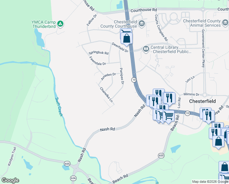 map of restaurants, bars, coffee shops, grocery stores, and more near 9810 Pampas Drive in Chesterfield