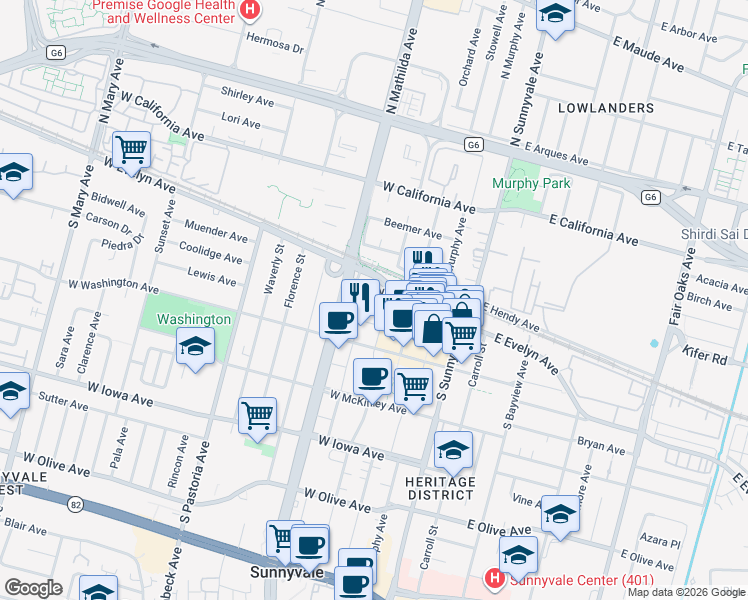 map of restaurants, bars, coffee shops, grocery stores, and more near 100 South Mathilda Avenue in Sunnyvale