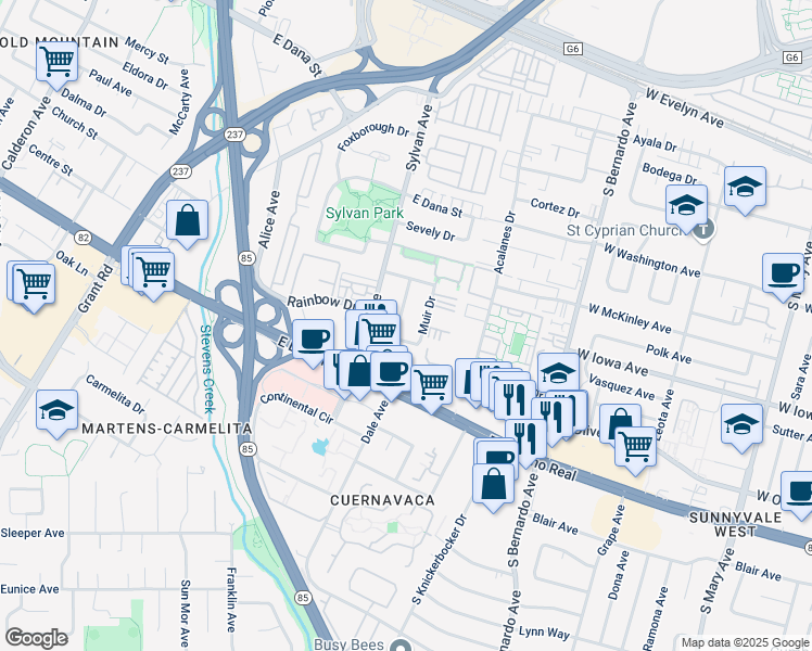 map of restaurants, bars, coffee shops, grocery stores, and more near 720 Muir Drive in Mountain View