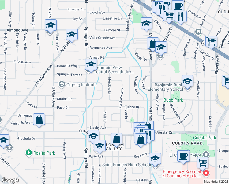 map of restaurants, bars, coffee shops, grocery stores, and more near 1529 Meadow Lane in Mountain View