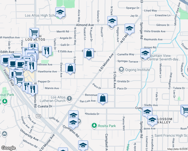 map of restaurants, bars, coffee shops, grocery stores, and more near 244 South El Monte Avenue in Los Altos