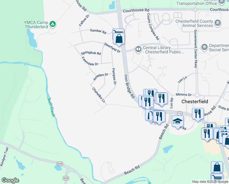 map of restaurants, bars, coffee shops, grocery stores, and more near 9809 Pampas Drive in Chesterfield