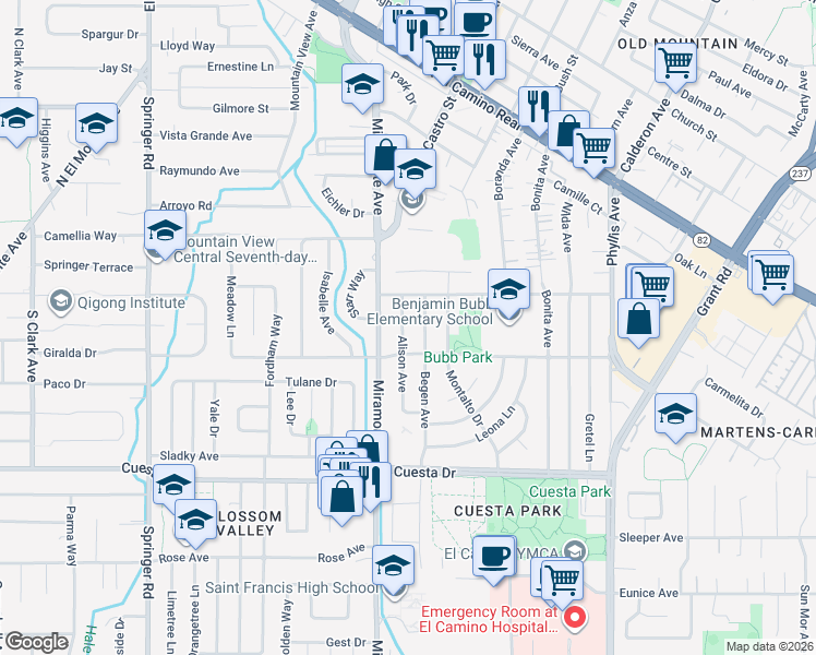 map of restaurants, bars, coffee shops, grocery stores, and more near 1545 Alison Avenue in Mountain View