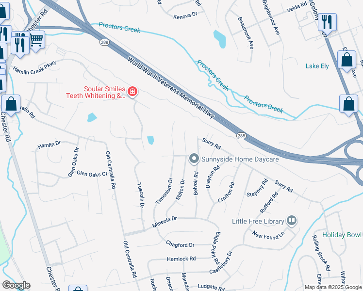 map of restaurants, bars, coffee shops, grocery stores, and more near 10830 Stilton Drive in Chester