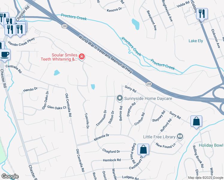 map of restaurants, bars, coffee shops, grocery stores, and more near 10830 Stilton Drive in Chester