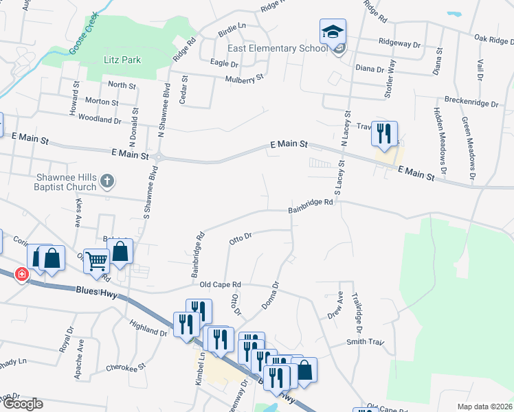map of restaurants, bars, coffee shops, grocery stores, and more near 2040 Bainbridge Road in Jackson