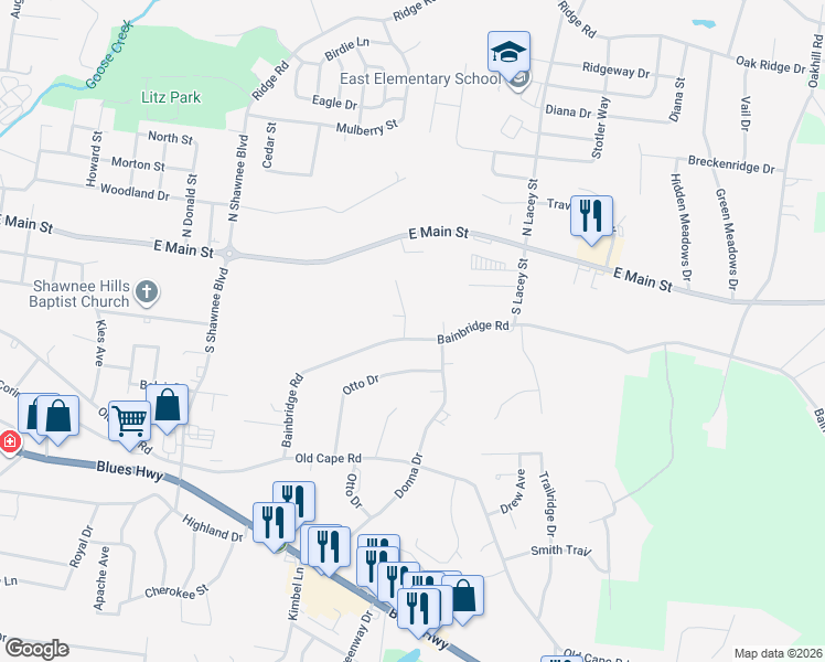map of restaurants, bars, coffee shops, grocery stores, and more near 566 Ann Drive in Jackson