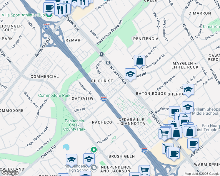map of restaurants, bars, coffee shops, grocery stores, and more near 2568 Palmetta Palm Court in San Jose
