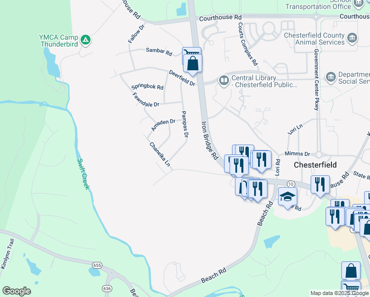 map of restaurants, bars, coffee shops, grocery stores, and more near 9809 Pampas Drive in Chesterfield
