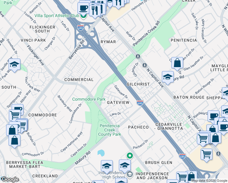 map of restaurants, bars, coffee shops, grocery stores, and more near 847 Gateview Drive in San Jose