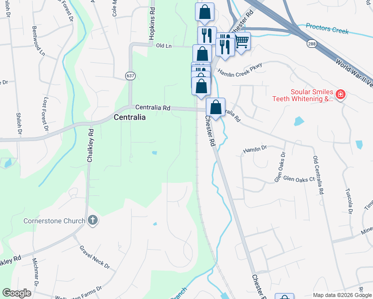 map of restaurants, bars, coffee shops, grocery stores, and more near 10301 Centralia Station in Chester