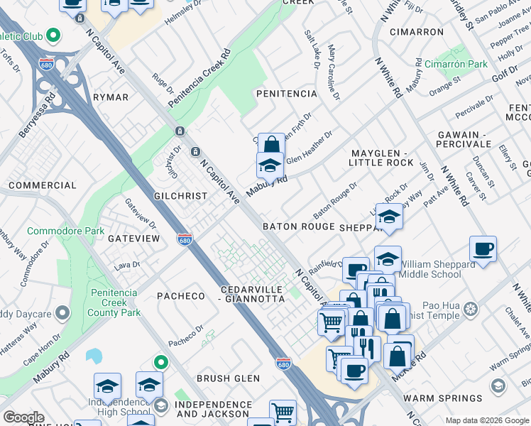 map of restaurants, bars, coffee shops, grocery stores, and more near 756 Grandview Terrace in San Jose