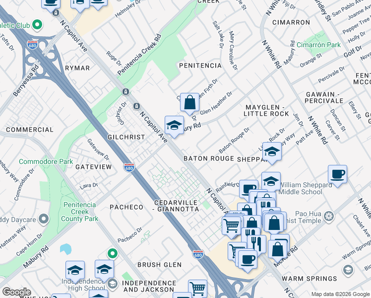 map of restaurants, bars, coffee shops, grocery stores, and more near 756 Grandview Terrace in San Jose
