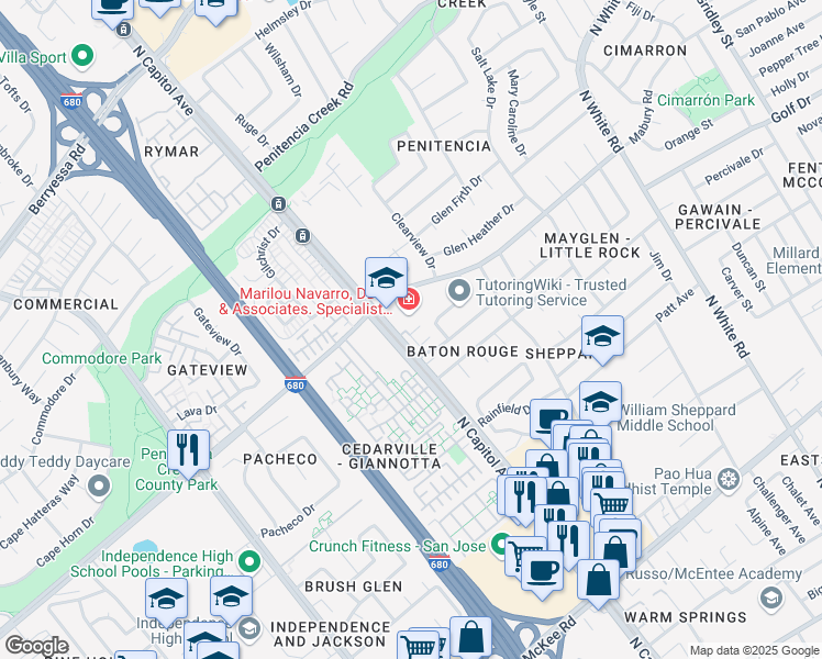 map of restaurants, bars, coffee shops, grocery stores, and more near 756 Grandview Terrace in San Jose