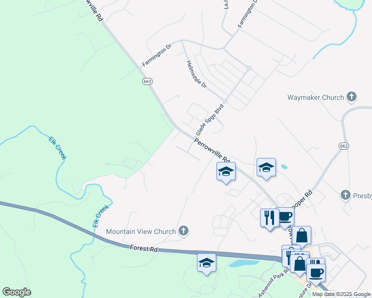 map of restaurants, bars, coffee shops, grocery stores, and more near Jefferson Ridge Road in Forest