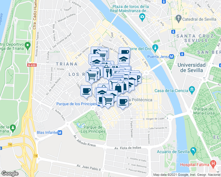map of restaurants, bars, coffee shops, grocery stores, and more near 50 Calle Esperanza de Triana in Sevilla