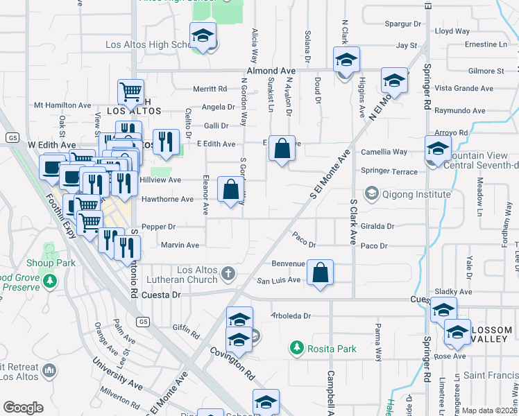 map of restaurants, bars, coffee shops, grocery stores, and more near 327 Hawthorne Avenue in Los Altos